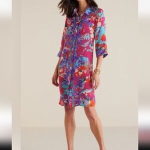 Soft Surroundings Garden Path Shirt Dress Floral Colorful Like Silk M.